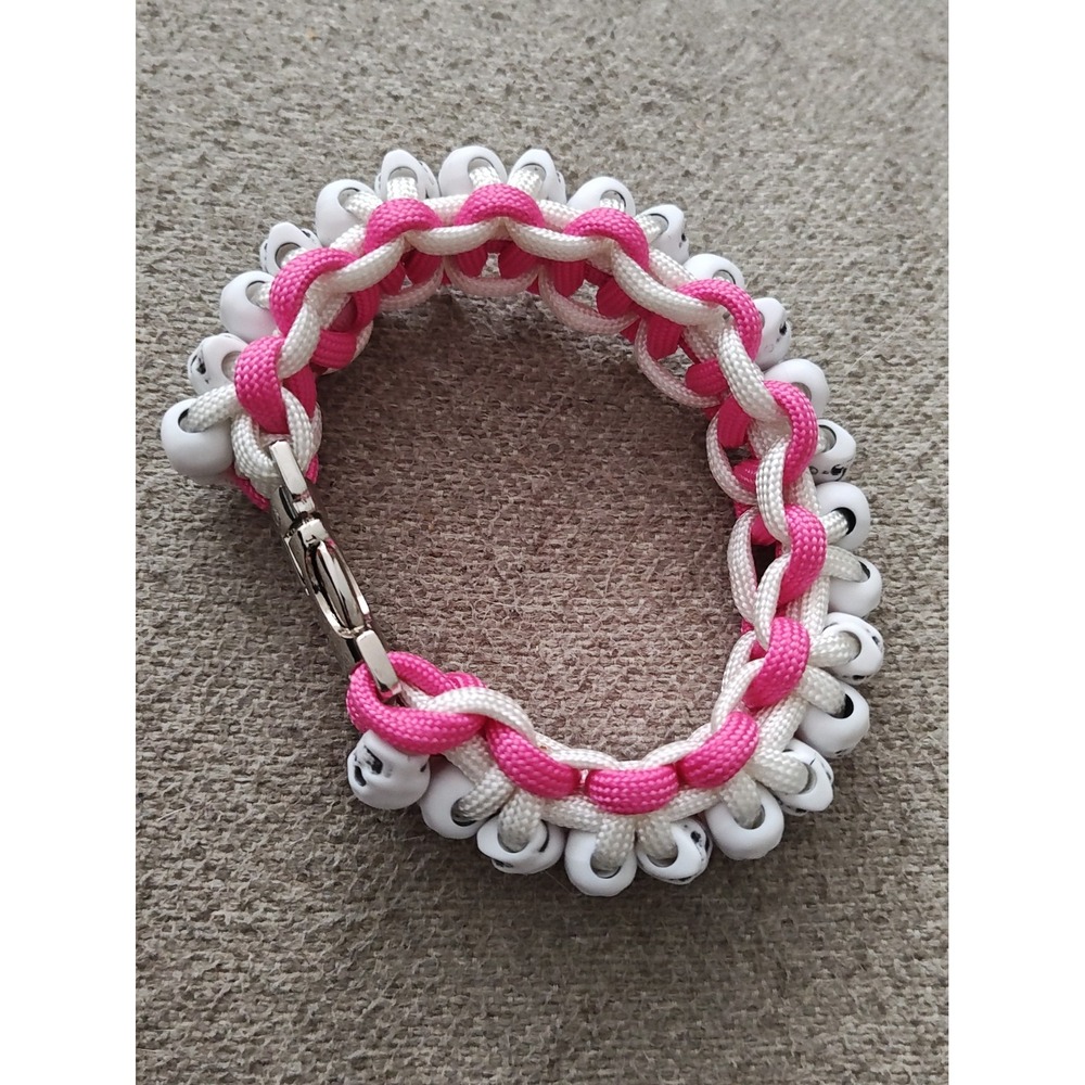 Skull Paracord Bracelet Pink White With Plastic Skull DaBeads Silver Buckle 10"